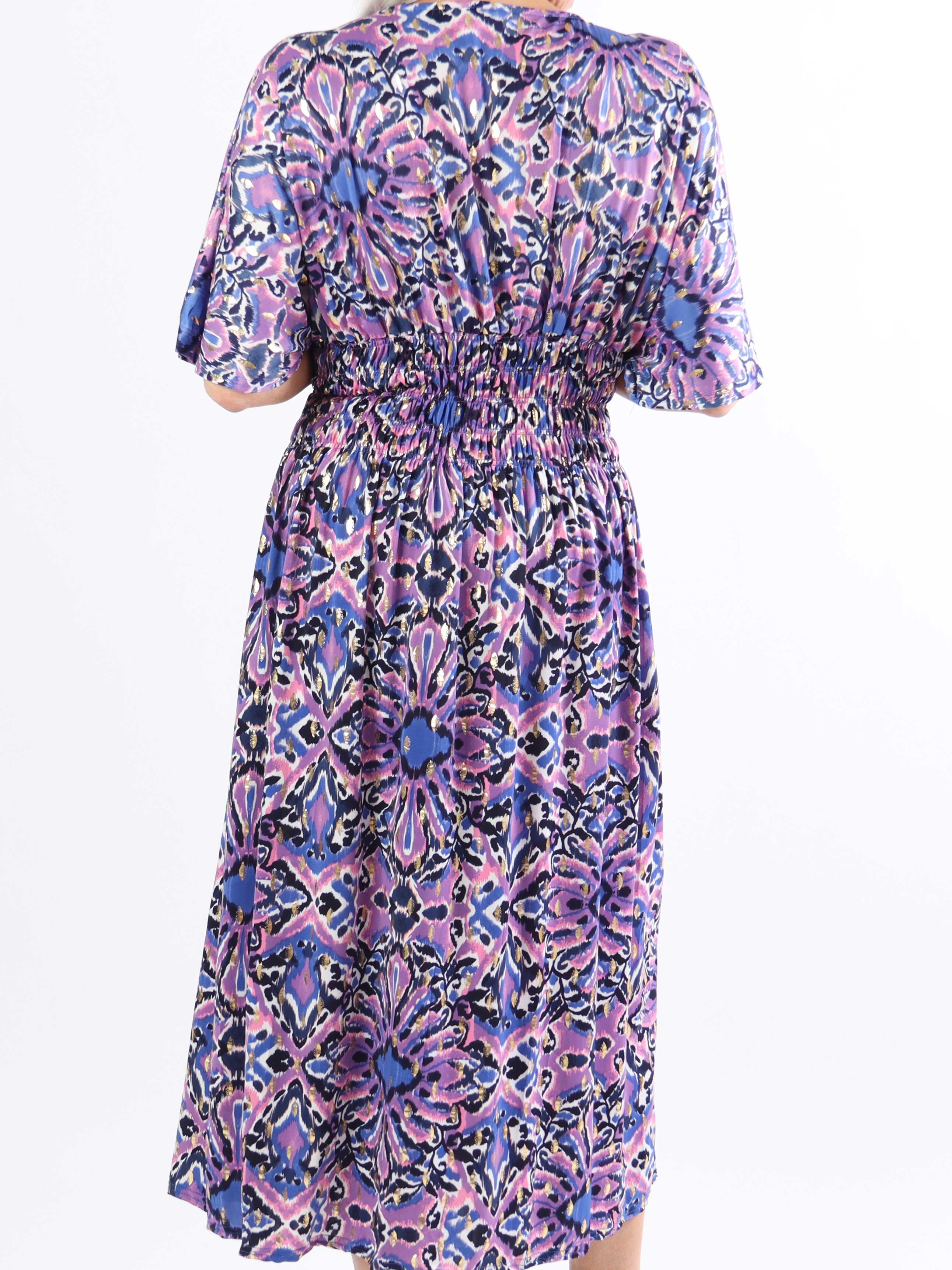 Pams Peacock Midi - Elastisk plussize kjole i print med guldmotiver